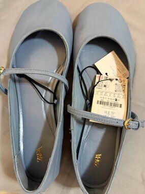 Zara Light Blue Mary Jane Ballet Flats Size 10 EU 41 New With Tags SKU084
